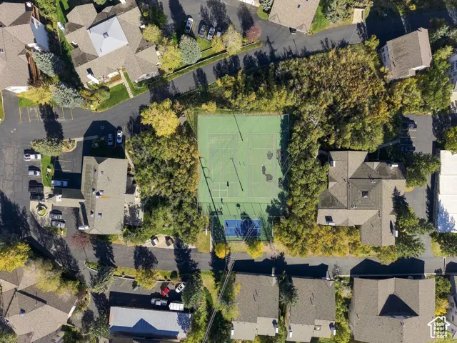 Aerial view of a recreational complex featuring two fenced tennis courts, a sports court with high-visibility surfacing, and surrounding mature trees