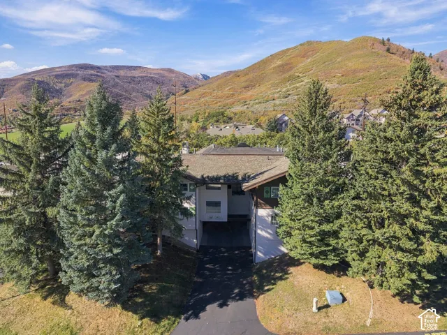 Multi-level exterior featuring a shingled roof, mature coniferous trees, asphalt driveway, and mountain terrain backdrop