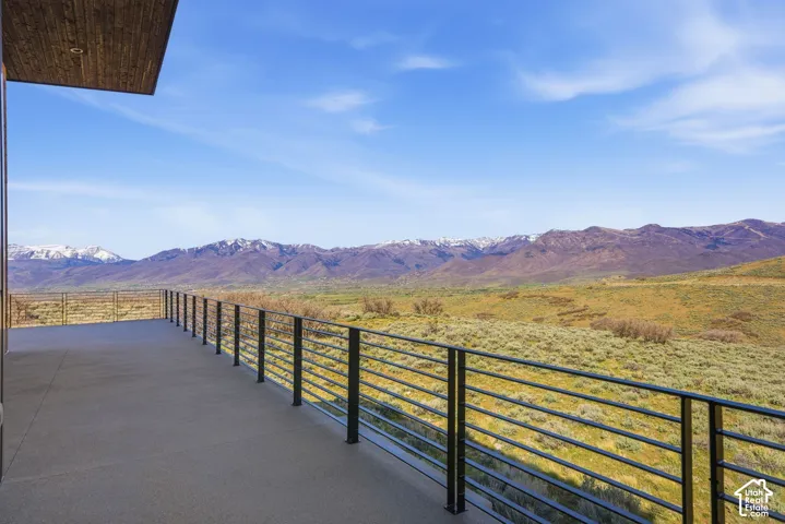 Expansive outdoor terrace featuring a concrete surface and a sleek black metal horizontal railing system