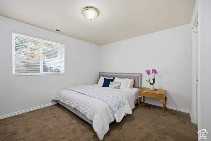 Neutral-toned interior space featuring neutral wall-to-wall carpeting, horizontal window blinds, and a flush-mount ceiling light fixture