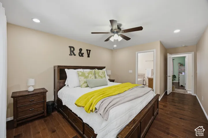 Wood-finish flooring, recessed lighting, and a ceiling fan with integrated light fixture