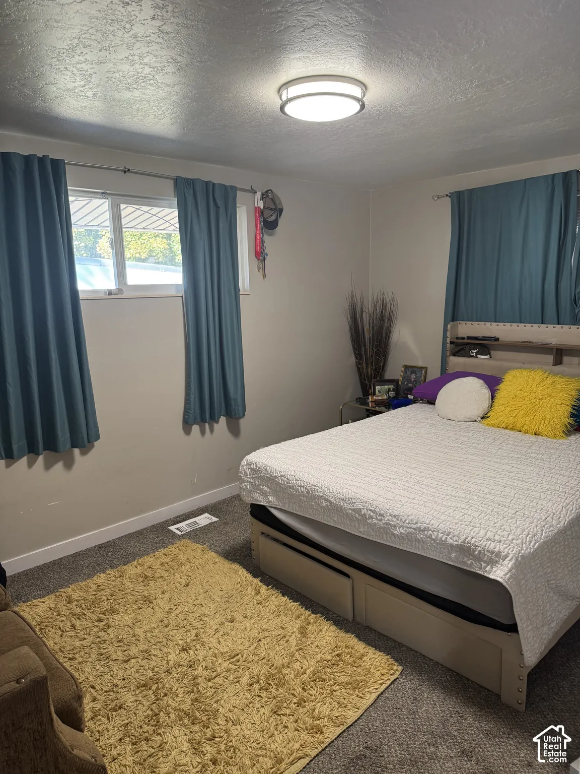 Neutral wall finishes, textured carpeting, and a flush-mount circular ceiling fixture