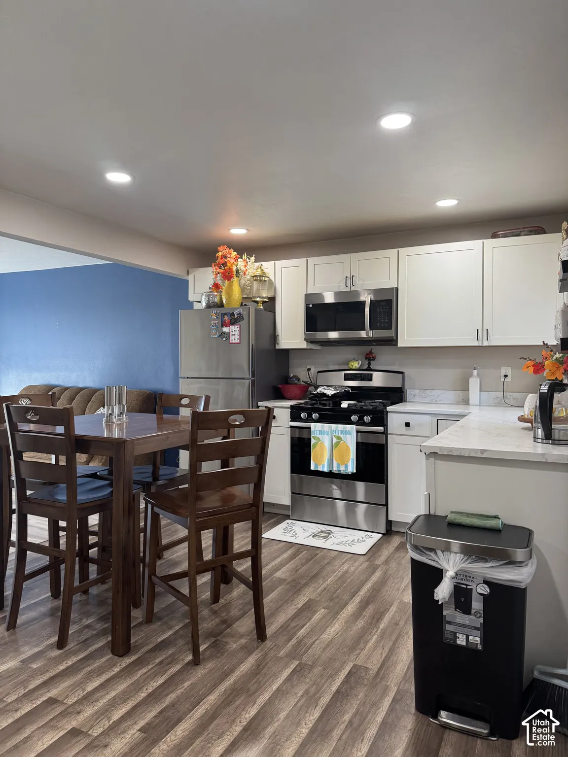 Kitchen featuring white shaker-style cabinetry, wood-finish flooring, recessed lighting, and stainless steel appliances