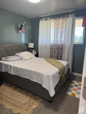Bedroom featuring neutral-toned carpeting, a window with natural light, and a single flush-mount ceiling fixture