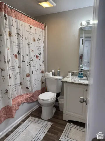 Bathroom featuring wood-finish flooring, a white vanity with a neutral-toned stone countertop, an integrated sink, and an attached vertical wall mirror