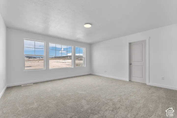 Neutral-toned wall-to-wall carpeting, three multi-pane windows, smooth-finish ceiling, and single-panel interior door