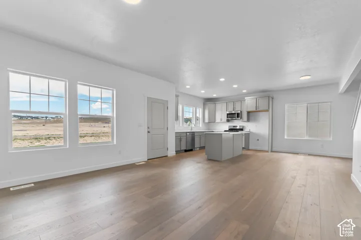 Open-concept kitchen featuring grey cabinetry, a central island, recessed lighting, and wood-finish flooring