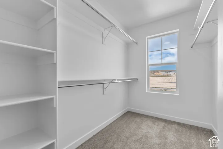Walk-in closet featuring white built-in shelving, dual-level metal garment rods, neutral carpeting, and a single-pane window with a desert landscape