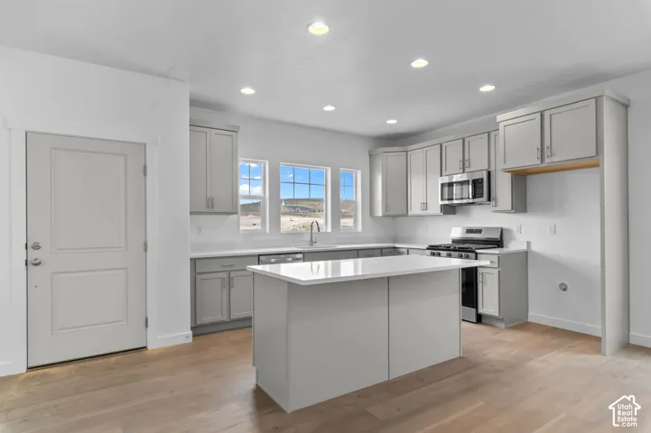 Kitchen featuring wood-finish flooring, Shaker-style cabinetry, a central island with a quartz countertop, recessed lighting, and stainless steel appliances