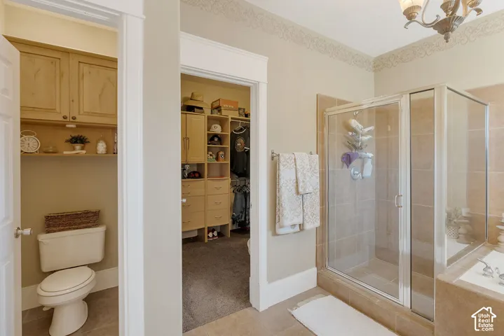 Shower stall with tiled surround, walk-in closet featuring built-in cabinetry, dual-door cabinet storage, and ornate light fixture