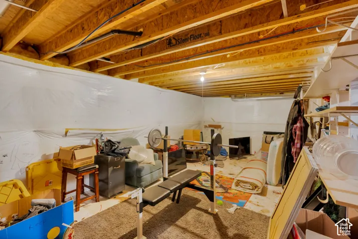 Unfinished storage area featuring exposed wooden joists and polyethylene vapor barrier wall surfacing