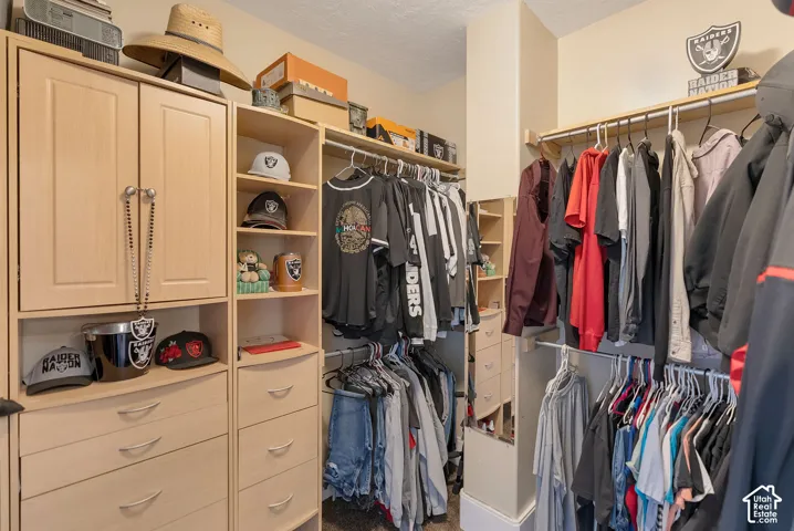 Built-in light wood cabinetry featuring multiple drawers, integrated shelving units, and double-tier metal hanging rods