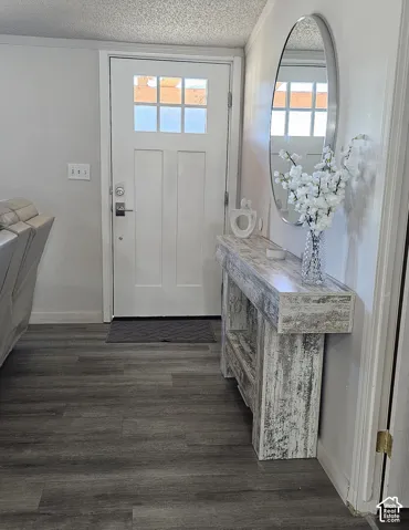 Entryway featuring a white exterior door with glass pane detail, wood-finish flooring, and a large oval wall mirror