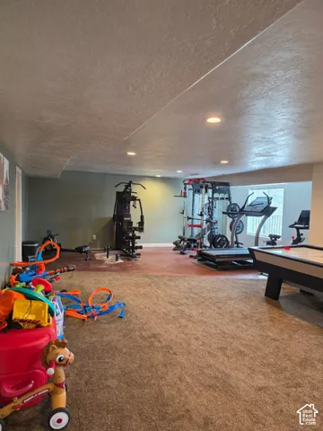 Finished interior space featuring recessed lighting, wall-to-wall carpeting, and a multi-pane window