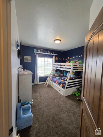 Bedroom featuring carpeted flooring, a large window with natural lighting, a built-in display shelf, and a solid wood interior door with a paneled design