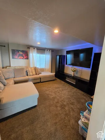Recessed ceiling lighting, neutral carpeting, and window shutter treatments