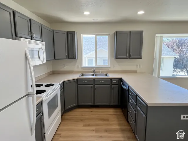 Kitchen featuring gray cabinetry, solid surface countertops, double basin stainless steel sink, wood-finish flooring, and recessed lighting
