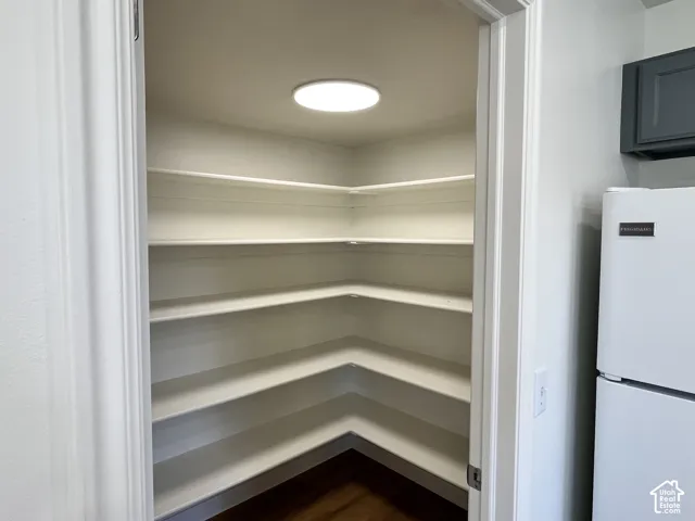 Walk-in pantry featuring multiple tiers of wraparound white shelving and a flush-mount overhead light fixture