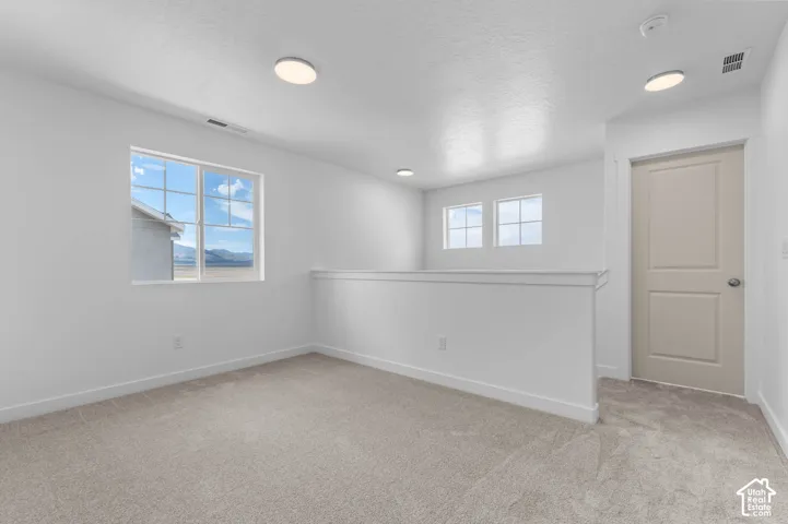 Neutral-toned carpeted flooring, multi-pane windows, flush-mount lighting, and a single-panel interior door