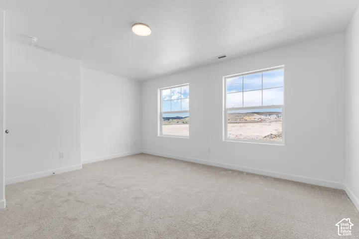 Neutral-toned wall-to-wall carpeting, crisp white walls, dual windows with gridded panes, and a flush-mount circular ceiling fixture