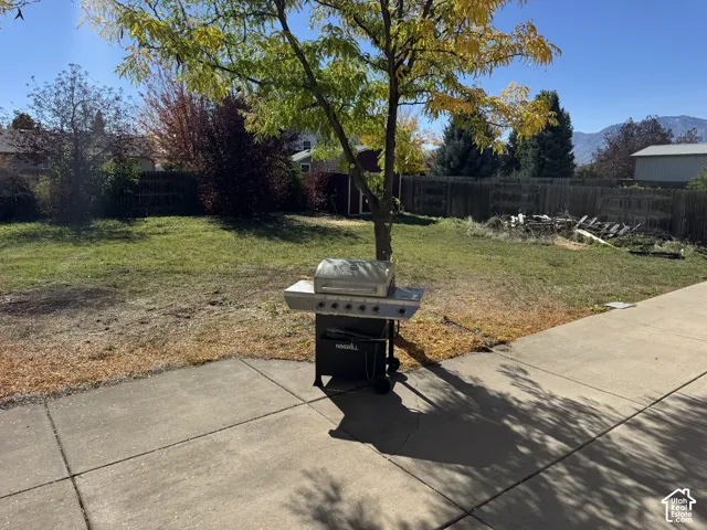 Backyard featuring a concrete patio, wood fencing, and a mature tree