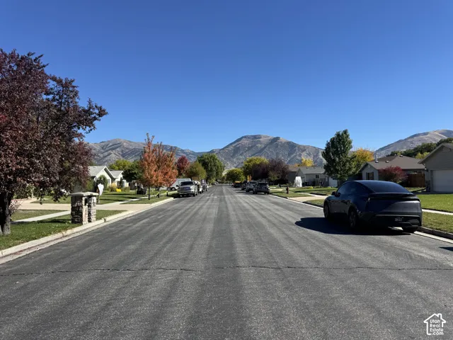 Paved residential street featuring concrete sidewalks, mature landscaping, and prominent mountain backdrop