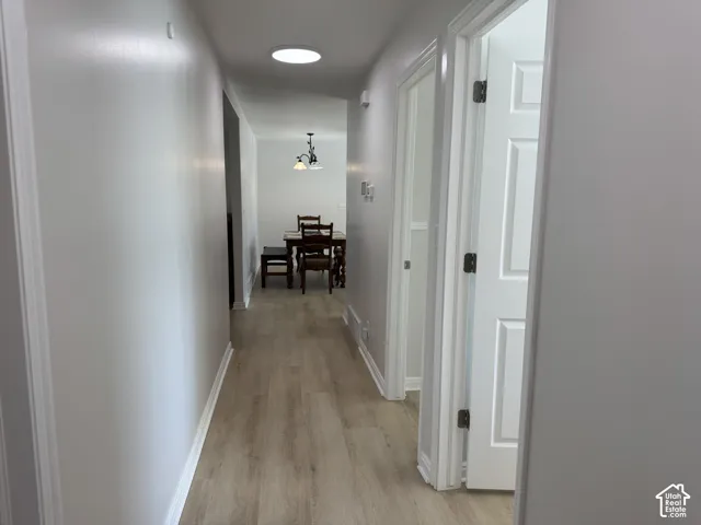 Hallway featuring wood-finish flooring, ceiling-mounted skylight, and multi-panel interior doors with matte-finish hardware