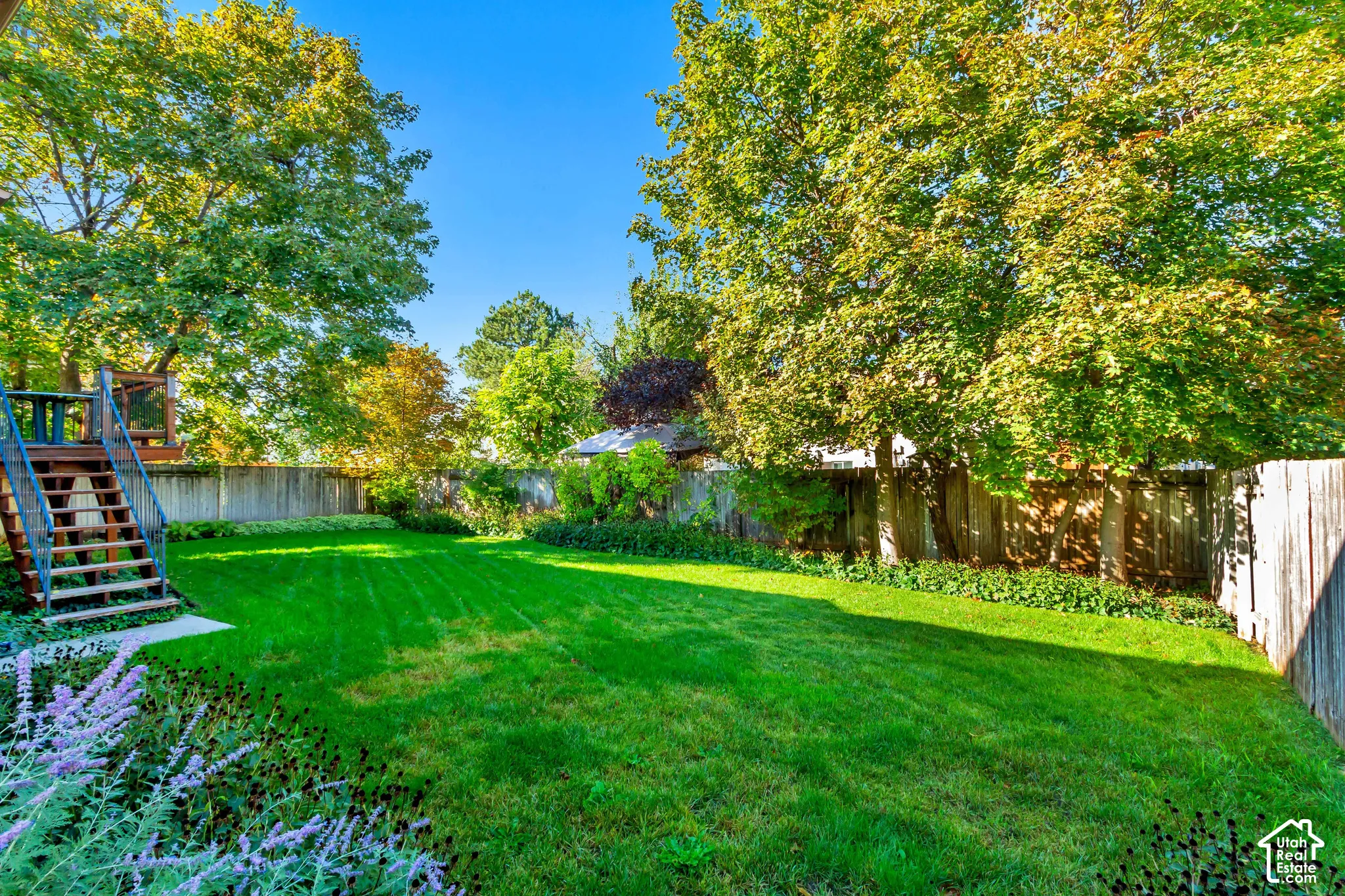 Expansive backyard featuring a grass lawn, mature trees, wood fencing, and an elevated deck with metal railings