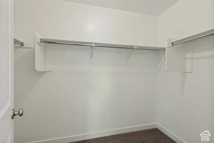 Storage space featuring built-in shelving and metal hanging rods