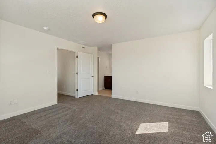 Neutral wall finishes, textured carpeting, semi-flush mount ceiling lighting, and a solid-core interior door