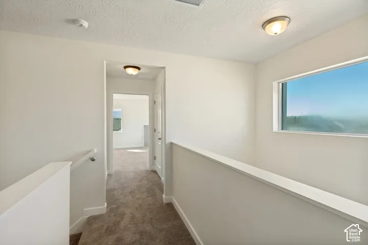 Neutral-toned carpeting, flush-mount ceiling light fixtures, a rectangular window with a wide sill, and a white handrail