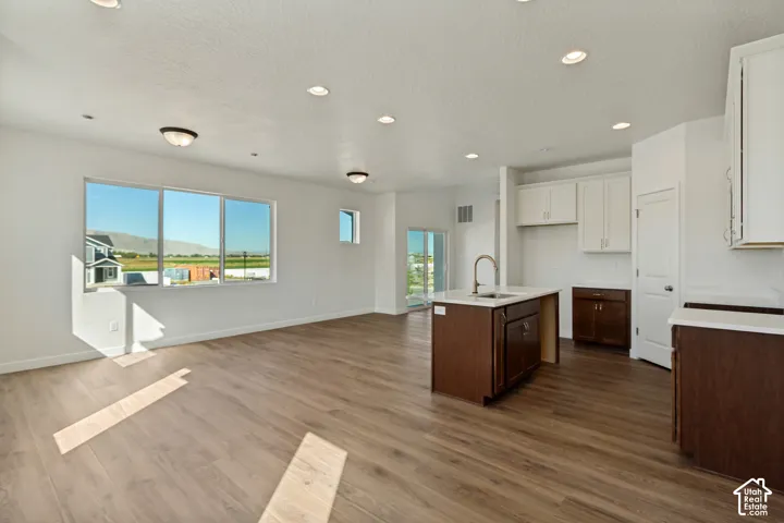 Open-concept area featuring wood-finish flooring, recessed lighting, and a kitchen island with a stainless steel sink
