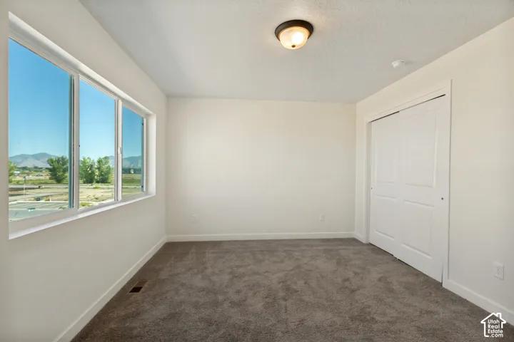 Room featuring neutral carpet, wide-panel sliding closet doors, flush-mount lighting, and large windows with mountain scenery