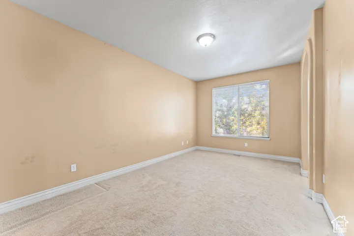Neutral-toned carpeted room featuring a window with horizontal blinds and an arched architectural opening