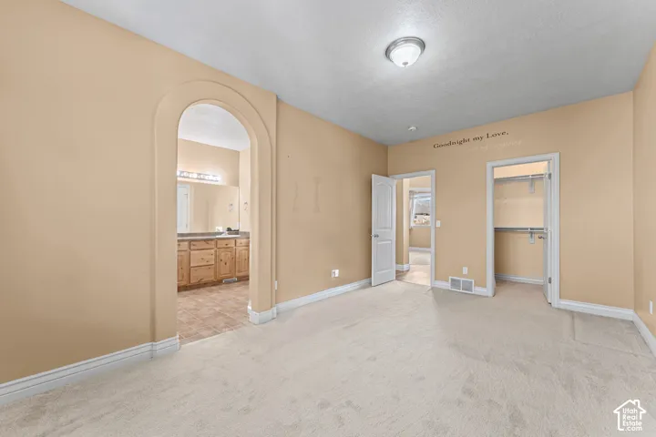 Interior space featuring an arched entryway, neutral wall-to-wall carpeting, and a built-in walk-in closet