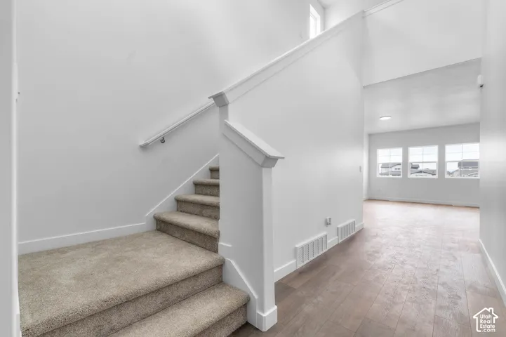Staircase featuring a painted wood balustrade, neutral carpeted treads, wood-finish flooring, and multi-pane windows