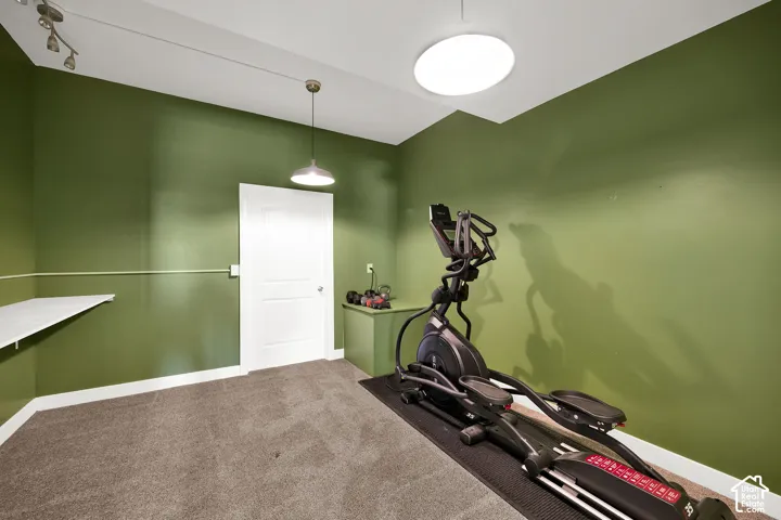 Room featuring olive green walls, neutral carpeting, a built-in counter surface, pendant lighting, and a multi-directional track lighting fixture