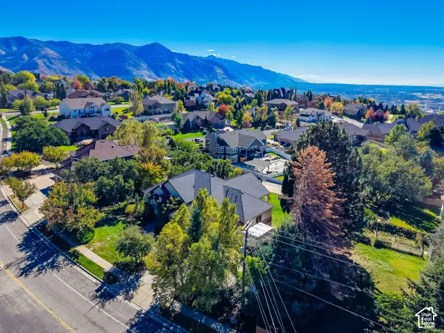 Aerial perspective featuring mountain backdrops, mature trees, and landscaped grounds