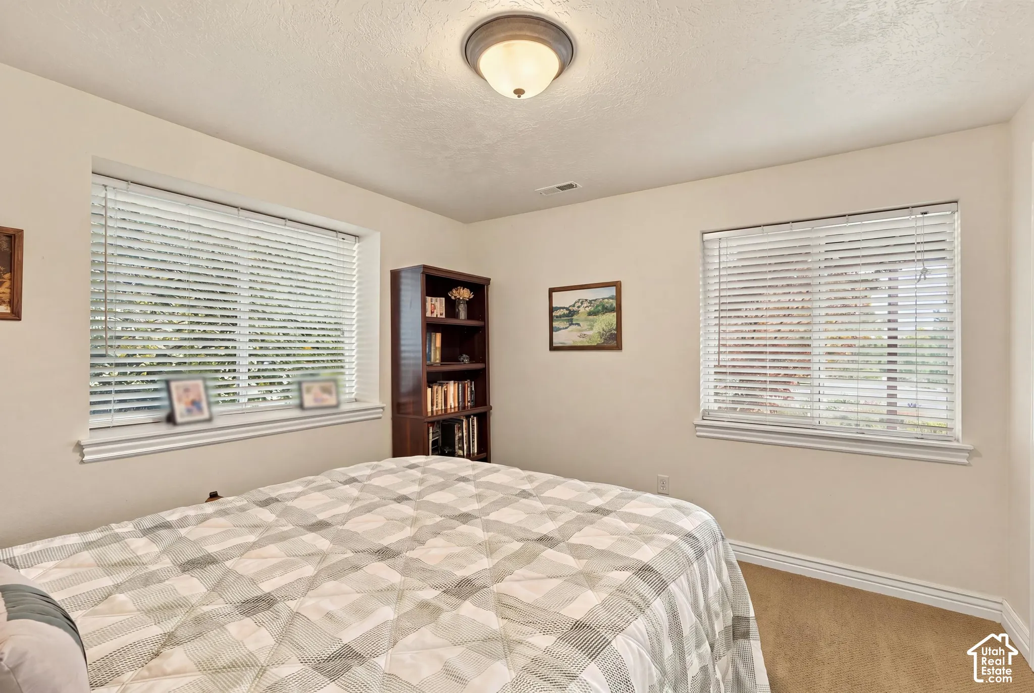 Neutral-toned interior room featuring dual windows with horizontal blinds, textured ceiling, central flush-mount lighting, and carpeted flooring