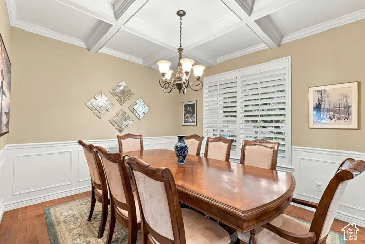 Coffered ceiling, custom crown molding, wainscoting, wood-finish flooring, and white plantation shutters