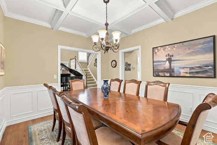 Dining area featuring a coffered ceiling, traditional wainscoting, and an ornate multi-arm chandelier