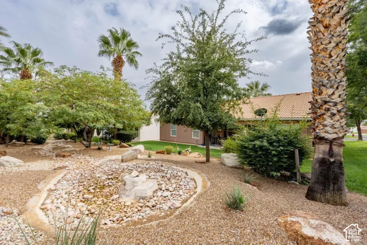 Landscaped grounds featuring stone ground cover, a rock-lined water feature, mature palm and shade trees, and a tile-roof structure