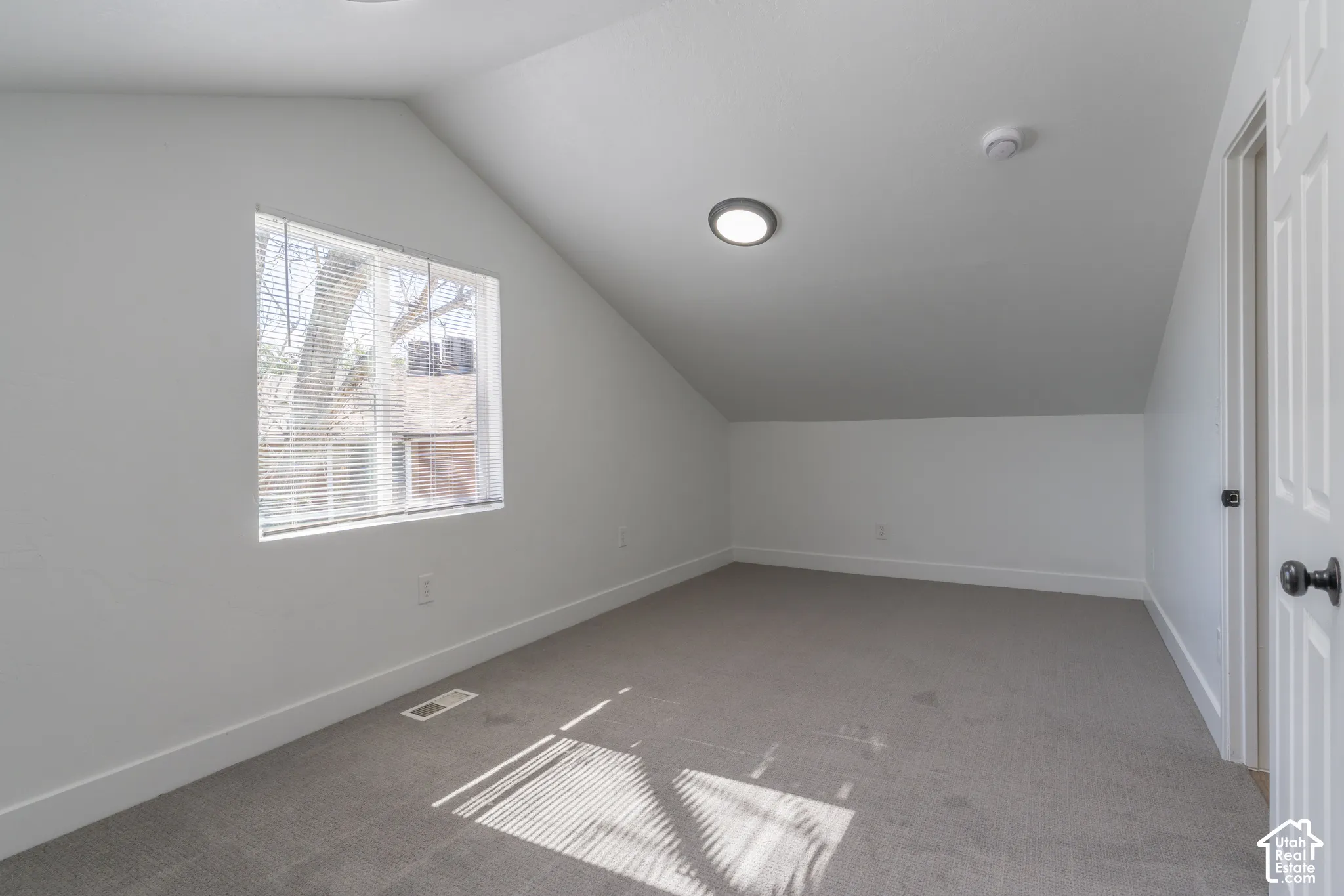 Primary bedroom with vaulted ceilings, a built-in skylight, and new carpet.