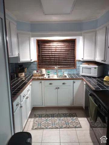 Kitchen featuring white cabinetry, black square-tile countertops, a light blue subway-tile backsplash, and a stainless steel dual-basin sink with a goose-neck faucet