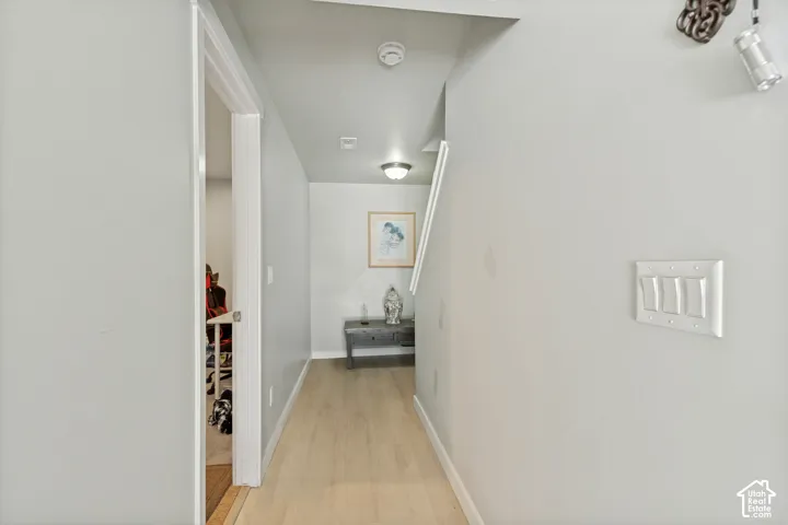 Hallway featuring light-toned wood-finish flooring, neutral wall paint, flush-mount ceiling lighting, and a multi-gang light switch plate