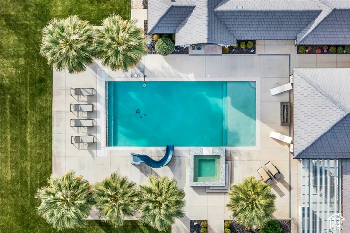 Outdoor space featuring a rectangular swimming pool, integrated spa, waterside slide, concrete patio, and mature palm trees