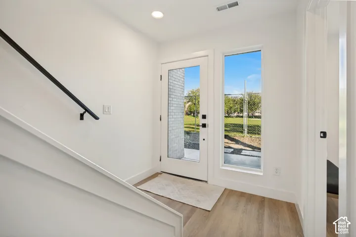 Entryway featuring wood-finish flooring, a glass-panel exterior door, a full-length side window, and a matte black metal handrail