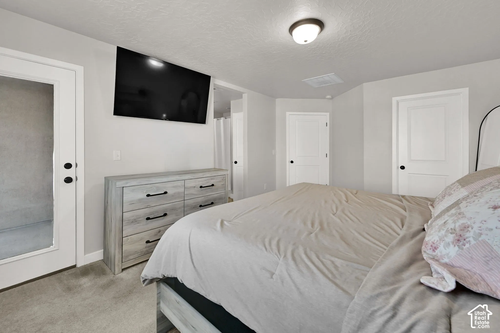 Neutral-toned interior space featuring neutral wall paint, plush carpeting, two solid-core interior doors with dark hardware, and a glass-paneled exterior door