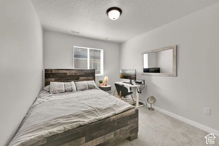 Neutral-toned room featuring wall-to-wall carpeting, a dual-pane window with blinds, and a central ceiling-mounted light fixture