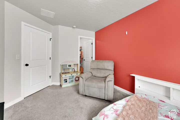 Interior room featuring neutral wall tones, a bold accent wall, wall-to-wall carpeting, and an integrated reach-in closet